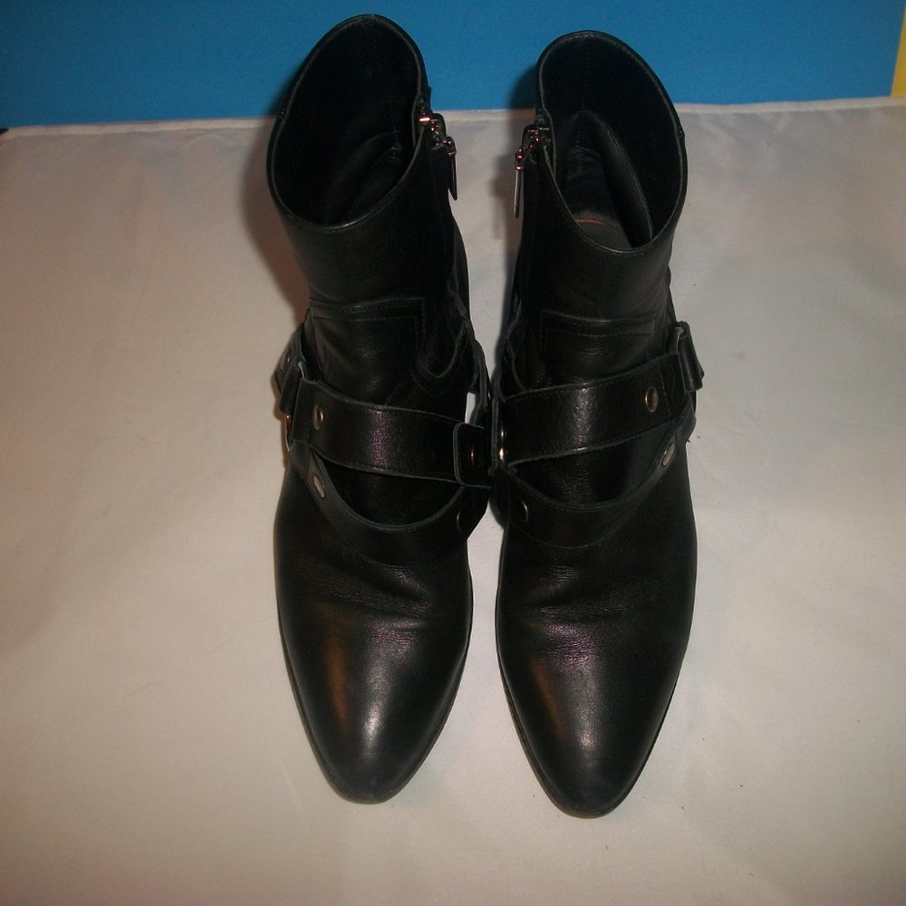 SAINT LAURENT Black-Leather Pointy Toe Cuban Heel Snap-Strap Harness Boots